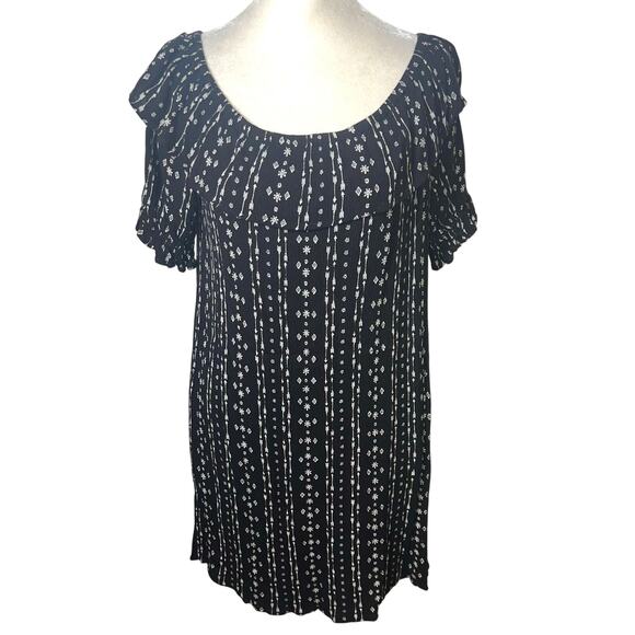 Hem & Thread Boho Mini Dress Shift Dress Black/White Southwestern Off Shoulder M - Picture 1 of 2